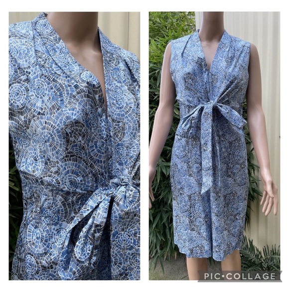 David Lawrence Dresses & Skirts - DAVID LAWRENCE Blue Cotton Printed Tie Front Sleeveless Midi Dress